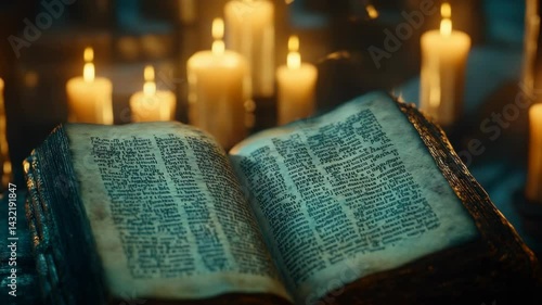 Close up of an opened ancient book with dense writings illuminated by warm flickering candlelight creating a mysterious atmosphere and moody shadows.