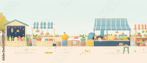 Geometric countryside market stalls display local produce in a clean, minimal style, flat illustration with complex shadows.