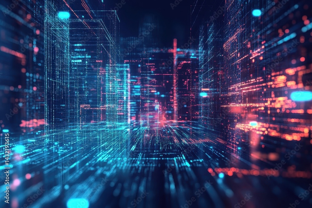 Digital city skyline, showcasing futuristic architecture and data streams. Digital city skyline, showcasing futuristic architecture and data streams.