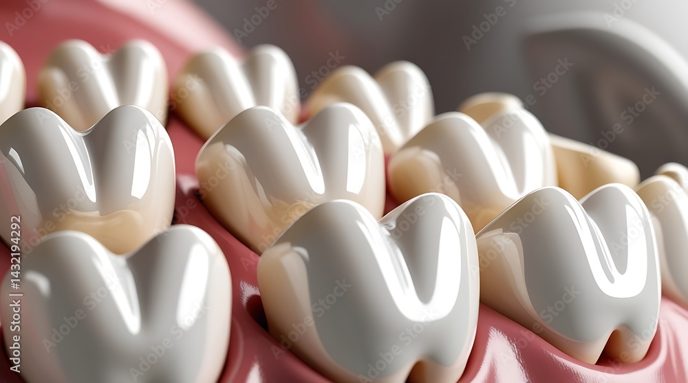 Obraz premium Detailed 3D rendered illustration of healthy human molars and gums showing clean white enamel, roots, and realistic anatomical structure for dental education