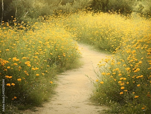 Serene path meandering through a vibrant field of yellow wildflowers bathed in soft sunlight.