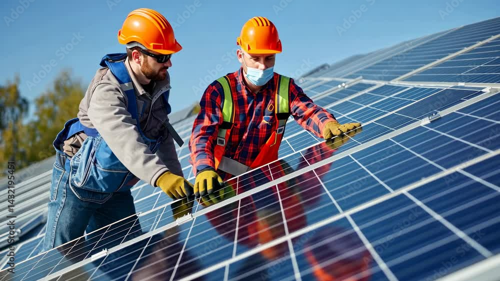 Solar Panel Installation: Technicians Working on a Rooftop Solar System Solar Panel Installation: Technicians Working on a Rooftop Solar System