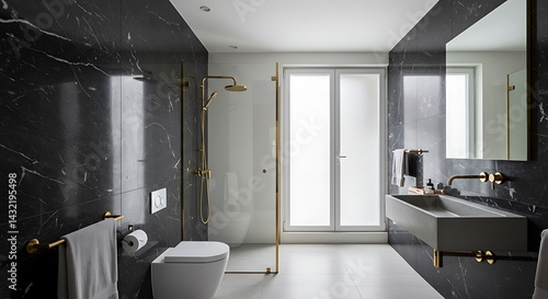 Sleek modern bathroom with glossy black marble walls, gold-accented walk-in glass shower, minimalist concrete sink, and soft natural light from frosted windows.