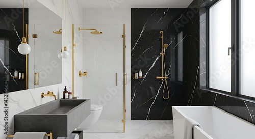 Sleek modern bathroom with glossy black marble walls, gold-accented walk-in glass shower, minimalist concrete sink, and soft natural light from frosted windows.
