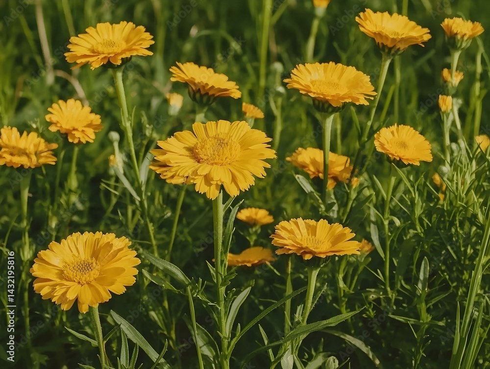 Vibrant yellow calendula flowers blooming in a lush green field. Sunlight illuminates the petals. Vibrant yellow calendula flowers blooming in a lush green field. Sunlight illuminates the petals.