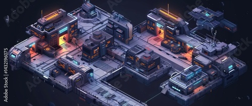 Fototapeta Naklejka Na Ścianę i Meble -  Isometric sci-fi space station interior features multi-level modules, airlocks, living quarters, ambient lighting and grainy tech details.
