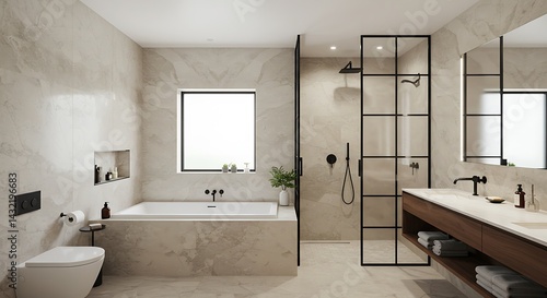 Opulent bathroom with glossy marble walls, built-in soaking tub, frosted glass walk-in shower with black framing, minimalist sink, and serene natural light.