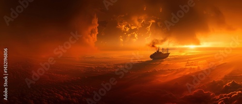 Distant ship's hazy silhouette, captured with 1000mm lens, shows atmospheric compression and heat distortion noise amidst orange sky.