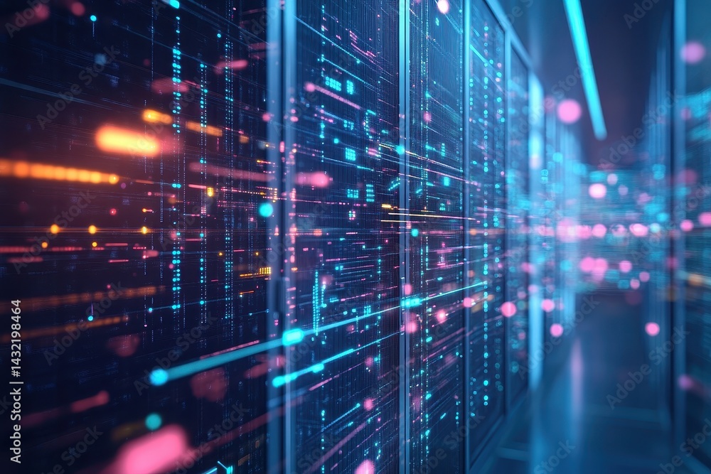 Intricate network of digital data streams within a server room. Intricate network of digital data streams within a server room.