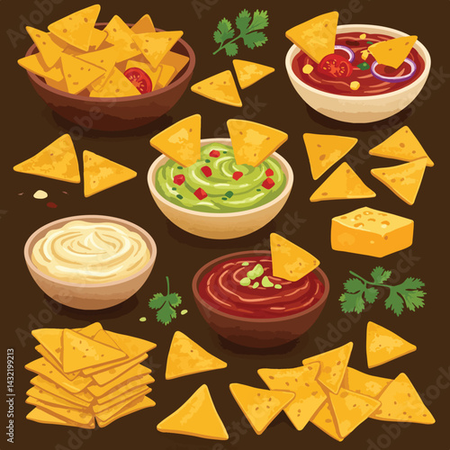 Delicious Nachos with Various Dips Illustration