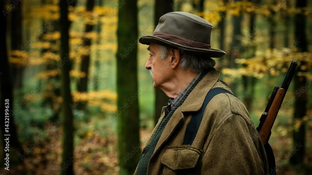 Hunter with rifle standing in autumnal forest, wearing brown tweed jacket and hat, trees with yellow foliage in the blurred background Hunter with rifle standing in autumnal forest, wearing brown tweed jacket and hat, trees with yellow foliage in the blurred background