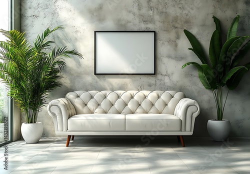 Chic White Tufted Sofa Mockup with Green Plants and Blank Frame Against Concrete Wall for Interior Design Branding

