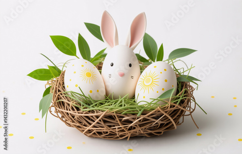 Wallpaper Mural Easter scene with a bunny egg and decorated eggs in a nest with green leaves, creating a festive spring holiday theme. Torontodigital.ca