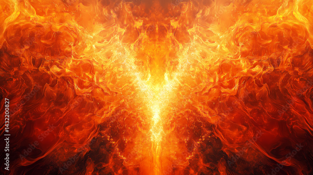 Fototapeta premium Towering walls of flame surrounding a molten abyss wide angle panoramic view horizontal symmetric background. Abyss Tower. Illustration