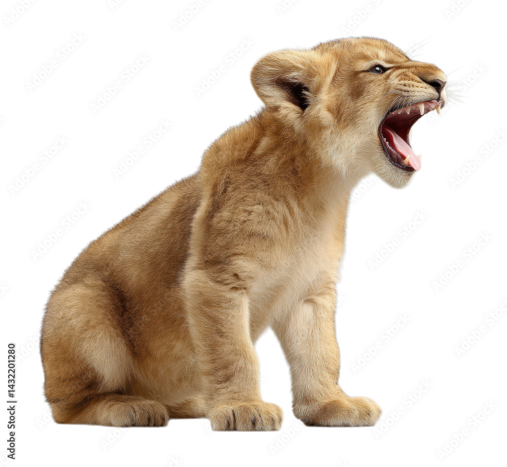 Obraz premium Young Lion Cub Sitting and Roaring with Open Mouth Showing Sharp Teeth, Portrait of African Baby Predator with Golden Fur Isolated on Transparent and White Background