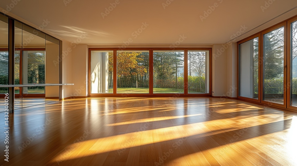 Fototapeta premium Sunlit Empty Room with Large Windows and Wooden Floor