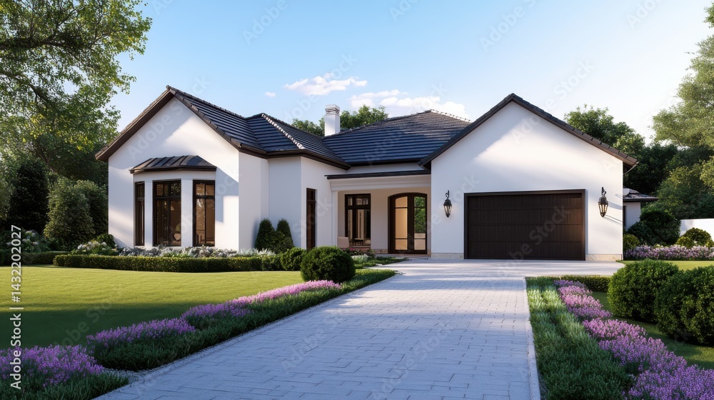 Modern White House with Elegant Landscaping and Clear Blue Sky