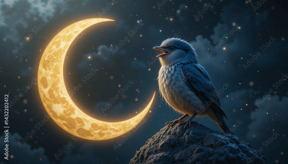 Fototapeta premium Small Bird Singing at Night Under Crescent Moon Pixel Art