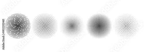 Black linear concentric circle set. Dotted and dashed round sound wave collection. Epicenter, target, radar, sonar icon concept. Radial radio signal or vibration element pack. Vector halftone symbols