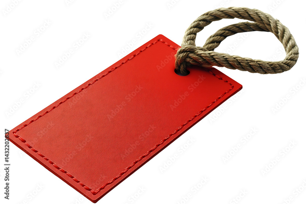 Fototapeta premium Red Leather Tag with Twine Loop for Labeling and Gift Packaging