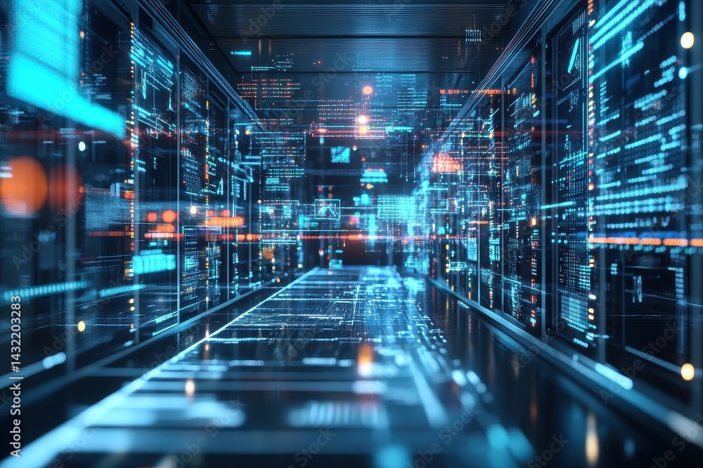 Futuristic server room displays dynamic data streams. Futuristic server room displays dynamic data streams.