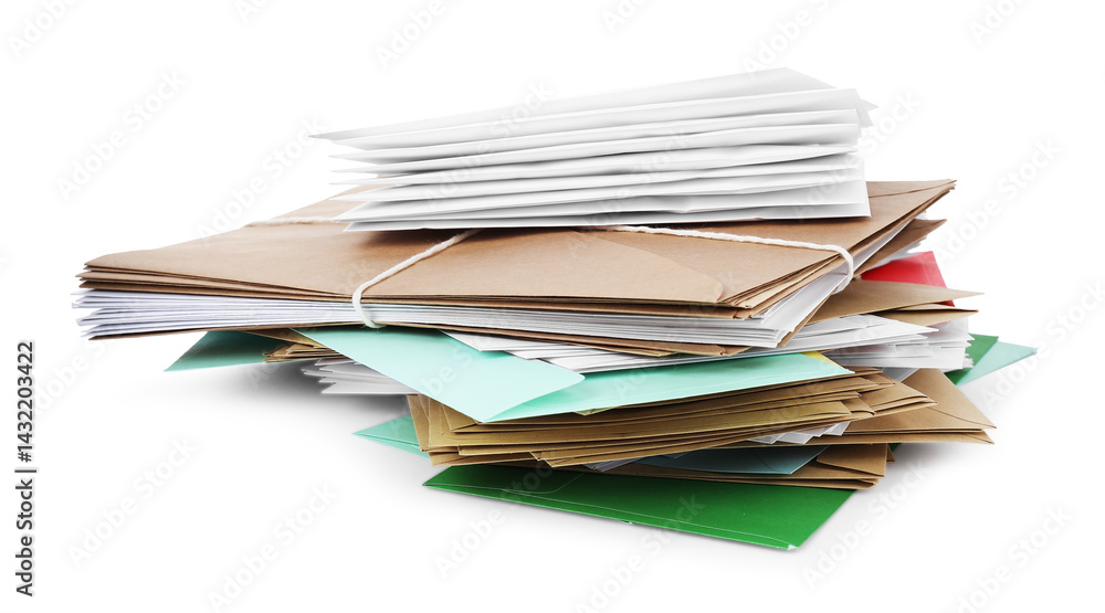 Stack of different paper envelopes on white background. Post office Stack of different paper envelopes on white background. Post office
