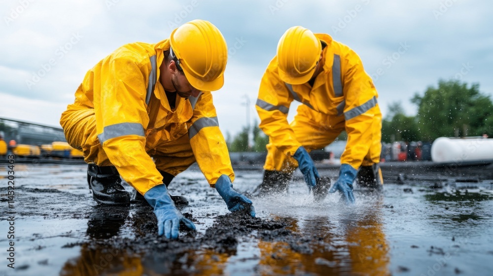 Workers in Yellow Rain Gear Cleaning Oil Spill on Wet Ground