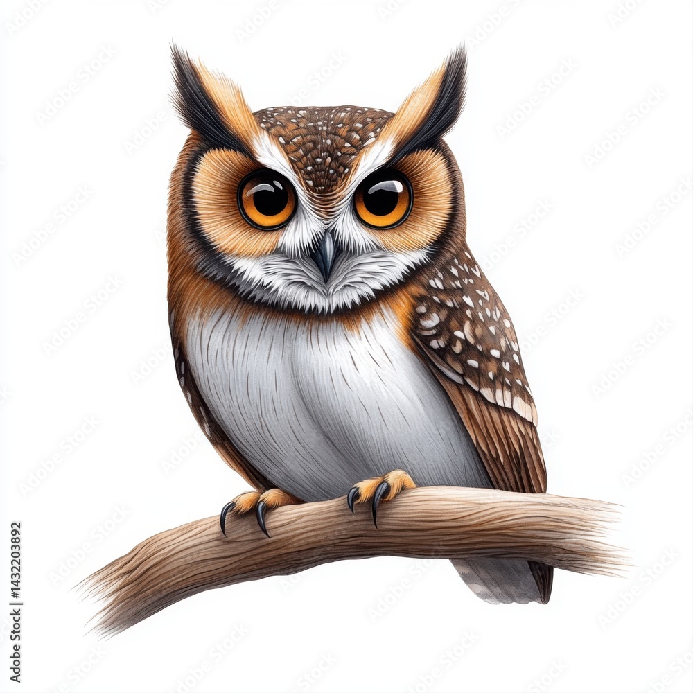 Realistic Illustration of a Beautiful Owl Perched on a Branch