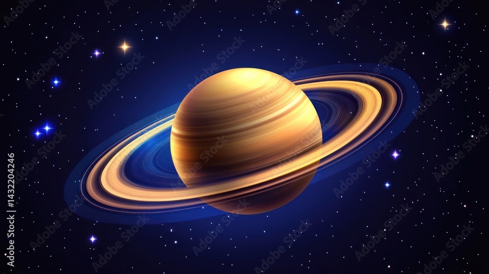 Fototapeta premium Illustrative Depiction of Saturn with Rings Amidst a Starry Cosmic Backdrop