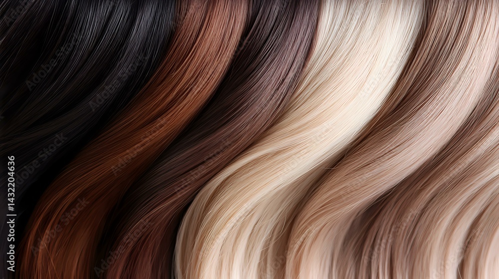 Fototapeta premium Luxurious wavy hair texture in multiple natural colors from black to blonde. Smooth gradient transitions create flowing pattern for hair and beauty industry designs.