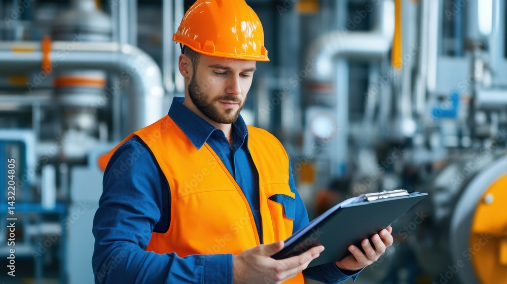 Industrial Worker in Hard Hat Reviewing Data on Clipboard