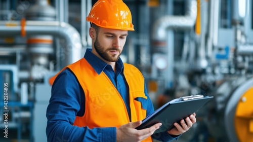 Obraz na płótnie Industrial Worker in Hard Hat Reviewing Data on Clipboard w salonie