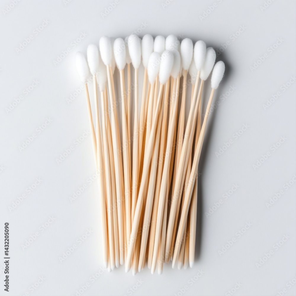 Close-up of Disposable Cotton Swabs on Light Gray Background