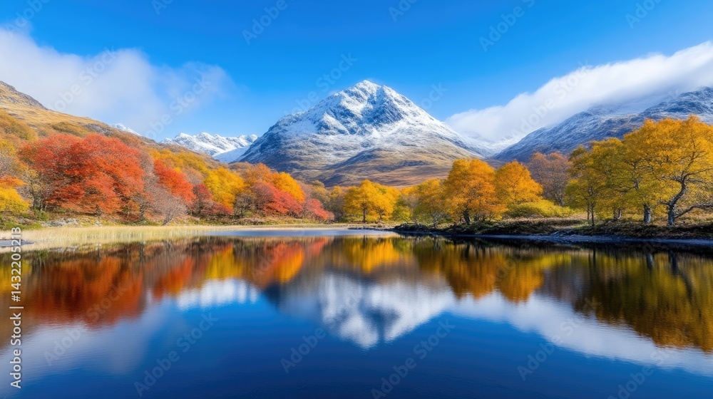 Obraz premium Autumnal Highland lake reflecting snowy mountain peaks. Tranquil, colorful landscape with vibrant fall foliage mirrored on still water. Mountain range in the background, topped with snow