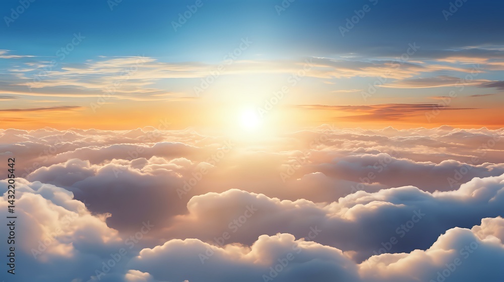 Fototapeta premium Majestic aerial view above white fluffy clouds during golden sunset with bright sun and dramatic orange sky. Peaceful cloudscape scenery for spiritual concepts.
