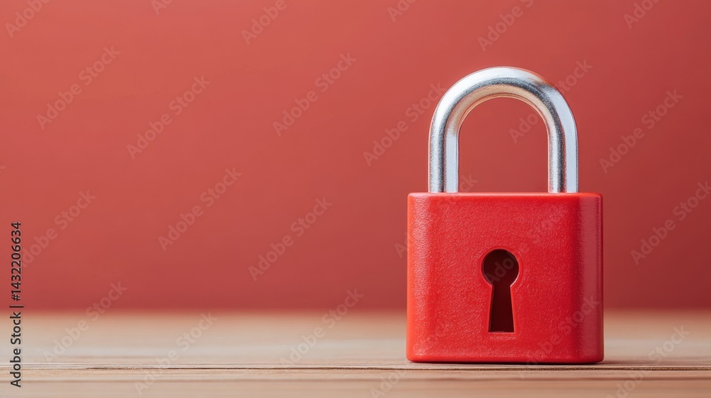 Bright Red Padlock on Wooden Surface against Soft Red Background