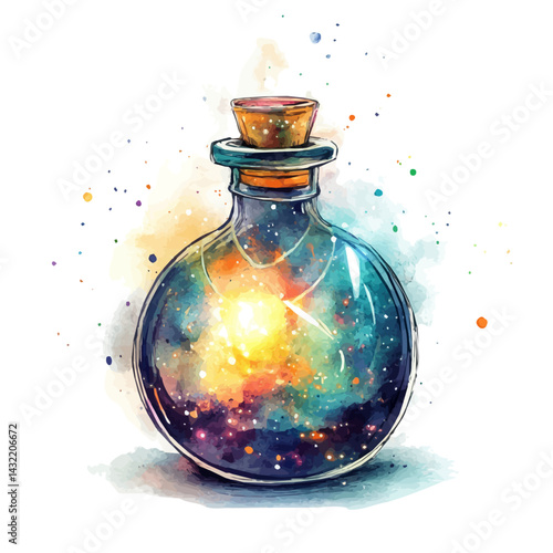 Glowing Sparkling Potion In A Magical Flask, watercolor vector, isolated on a white background.