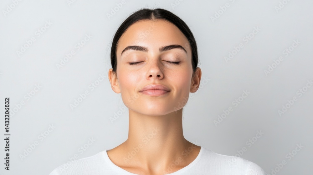 Calm Woman with Closed Eyes in Minimalistic Background
