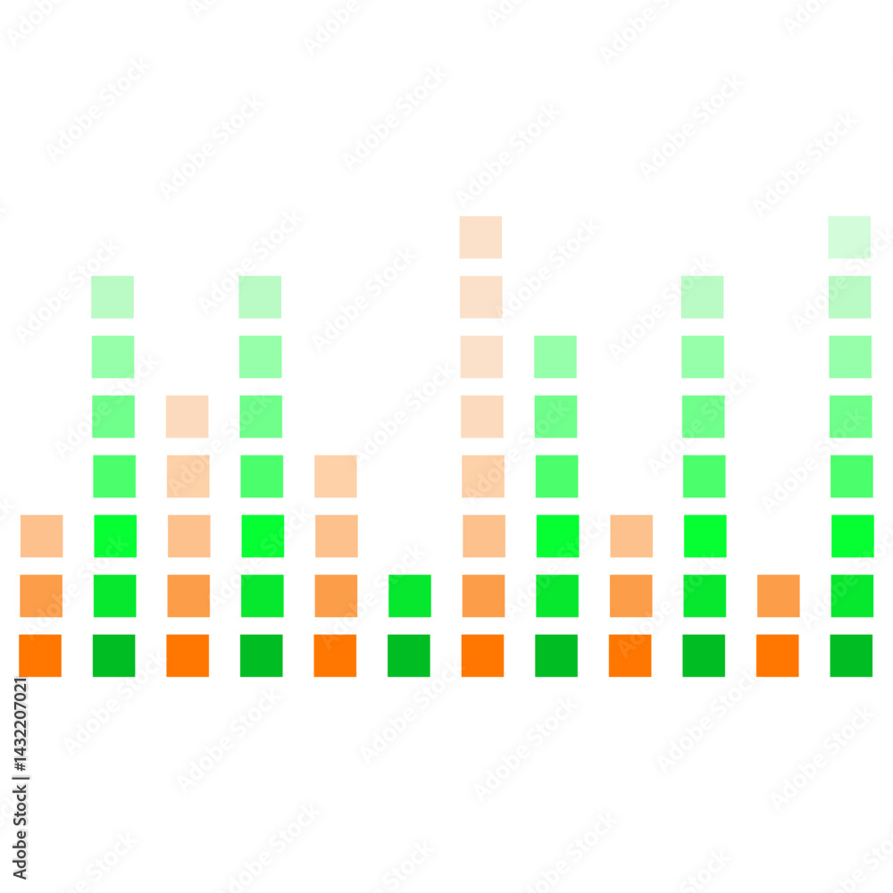 Digital audio waveform visualization displaying vibrant green and orange squares in a rhythmic pattern