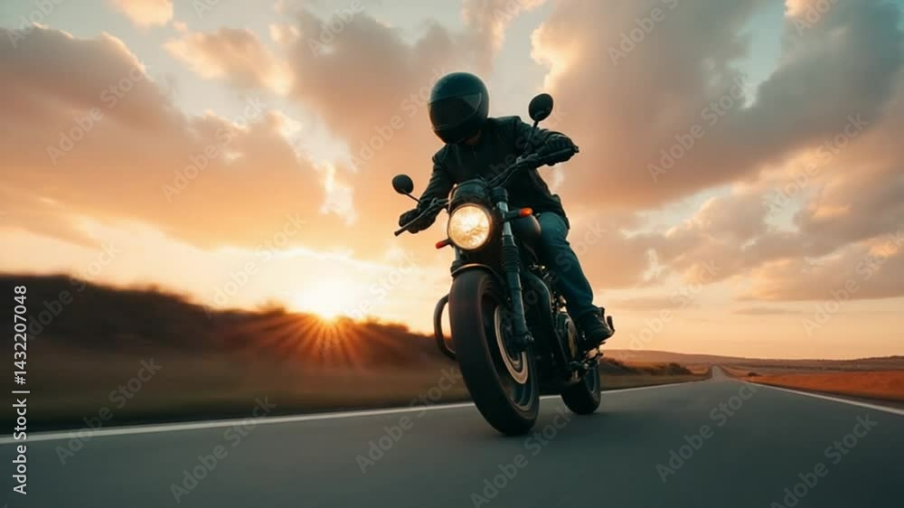 Motorcycle rider speeding on open road during sunset view Motorcycle rider speeding on open road during sunset view
