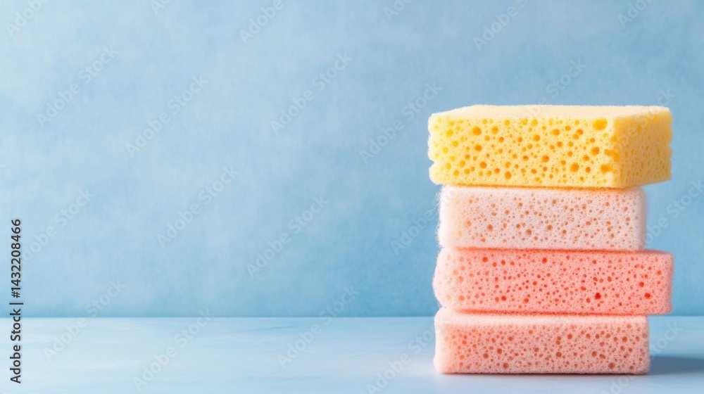 Colorful Sponges Stacked on Light Blue Background for Cleaning Purposes