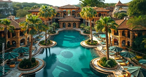 Luxurious resort with a stunning pool surrounded by palm trees and lush greenery