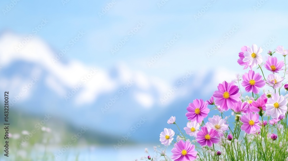 Fototapeta premium Delicate pink cosmos flowers in a mountain landscape