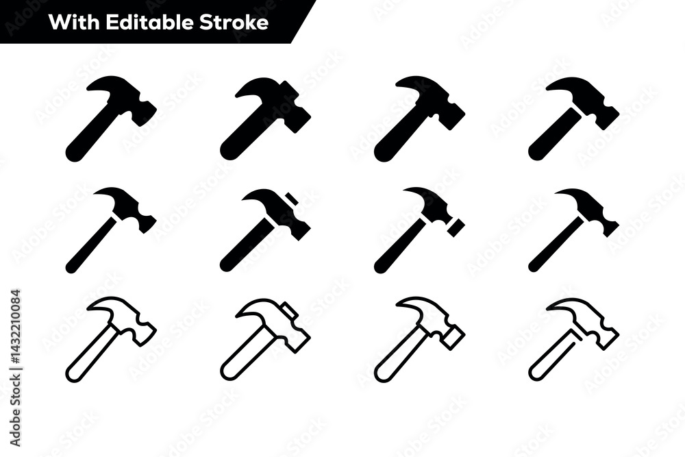 Hammer Icon Set – Construction, Repair, Tool, Carpentry, Editable Stroke Vector Hammer Icon Set – Construction, Repair, Tool, Carpentry, Editable Stroke Vector