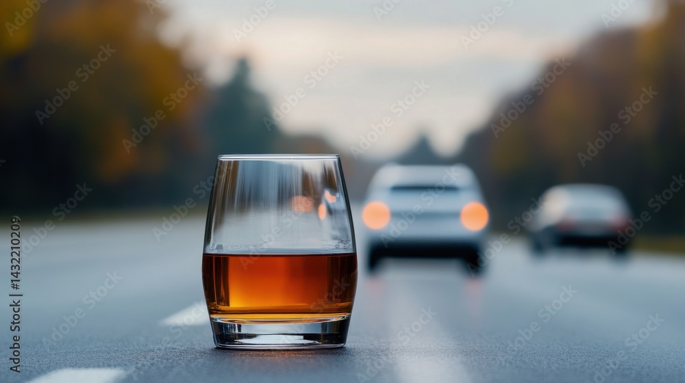Glass of amber whiskey on a highway with blurred cars in background