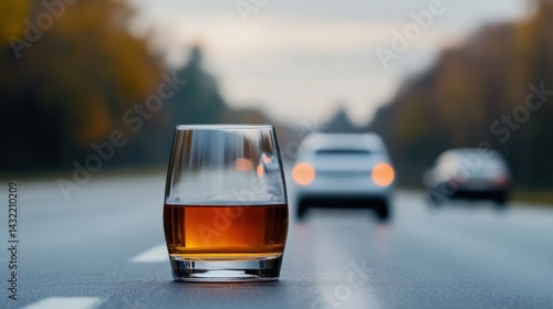 Obraz na płótnie Glass of amber whiskey on a highway with blurred cars in background w salonie