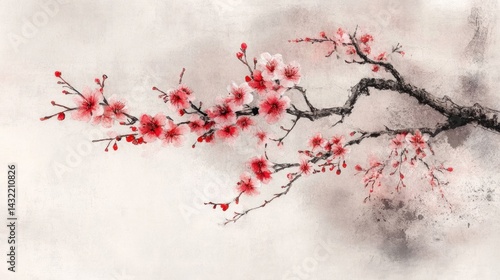 Fototapeta Naklejka Na Ścianę i Meble -  Delicate, blossoming cherry blossoms on a muted background.