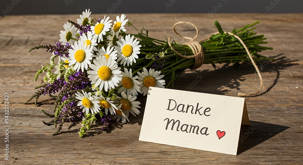 Naklejka premium Daisy bouquet with a thank you note for mom, expressing appreciation on rustic wood