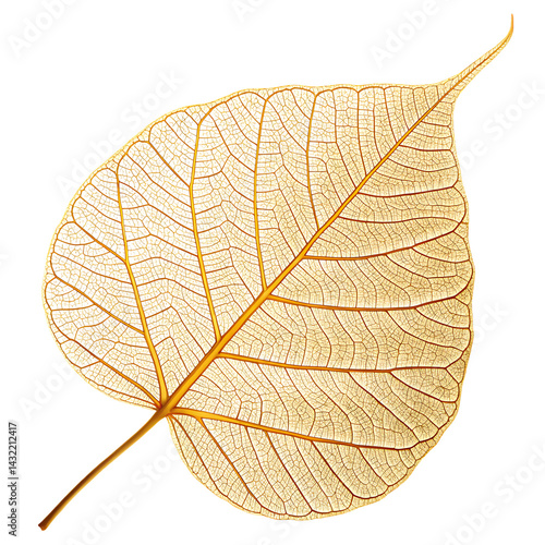 Golden bodhi leaf skeleton on black background abstract botanical art