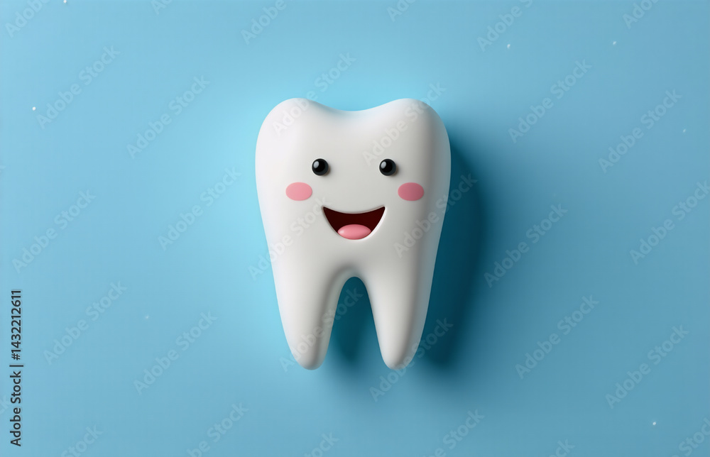 A cheerful cartoon tooth with a smiling face is centered against a bright blue backdrop, creating a fun and inviting dental related image. A cheerful cartoon tooth with a smiling face is centered against a bright blue backdrop, creating a fun and inviting dental related image.